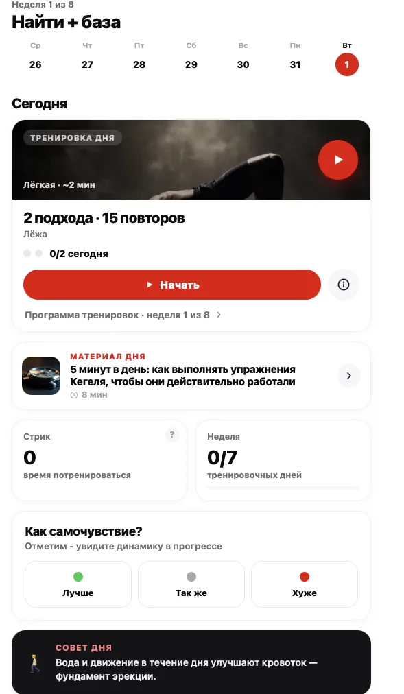 Главный экран: тренировка дня, материал дня, стрик
