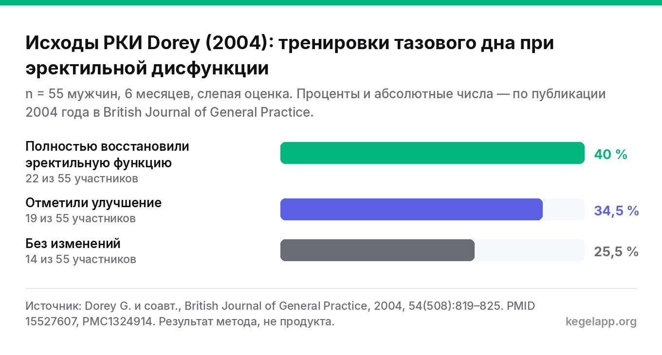 Инфографика по РКИ Dorey 2004: из 55 мужчин с эректильной дисфункцией 40,0% полностью восстановили эректильную функцию за 6 месяцев тренировок тазового дна, 34,5% отметили улучшение, 25,5% остались без изменений