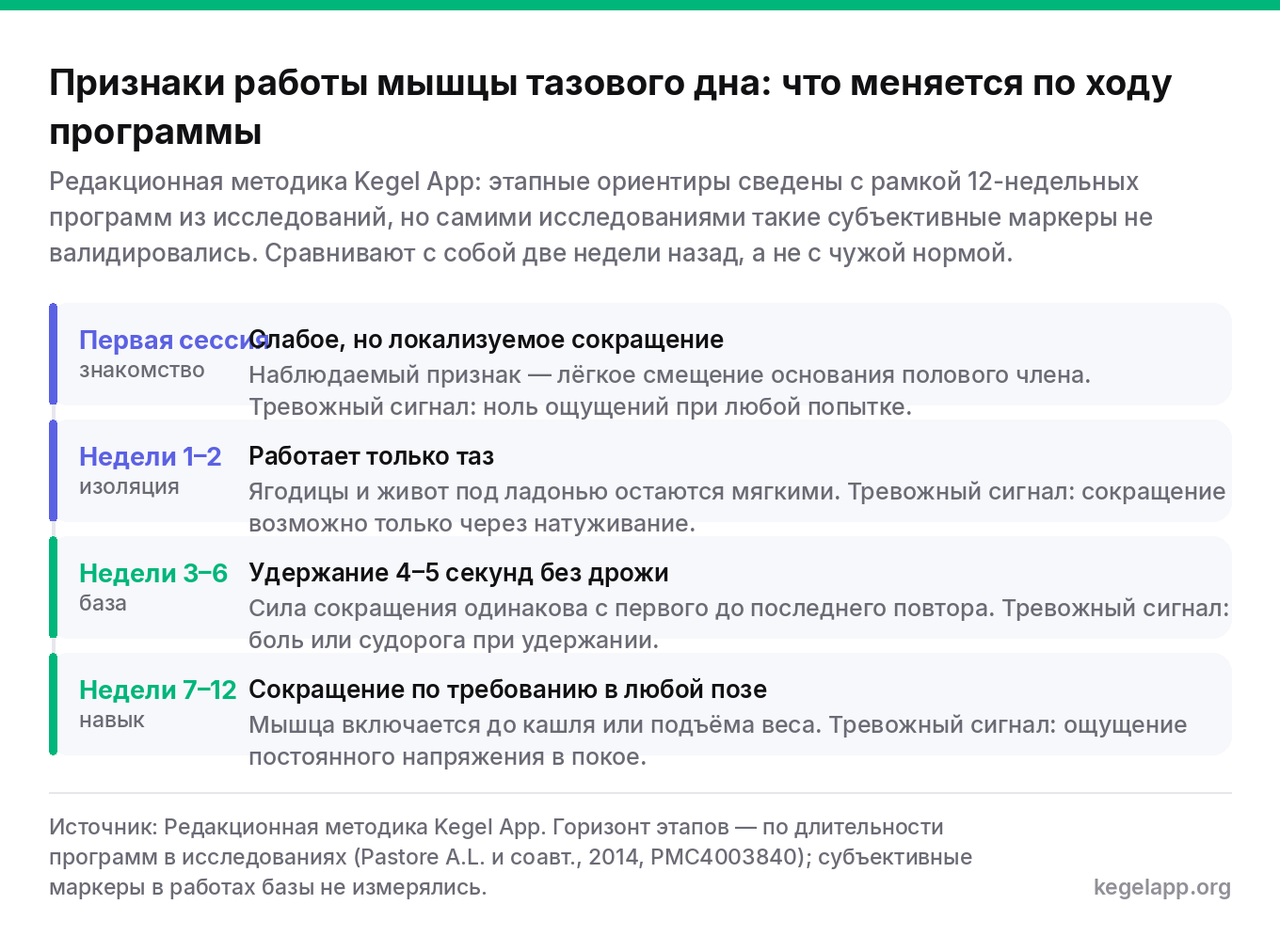 Схема признаков работы мышцы тазового дна по этапам программы: первая сессия, недели 1-2 на изоляцию, 3-6 на базу, 7-12 на навык, с тревожным сигналом каждого этапа
